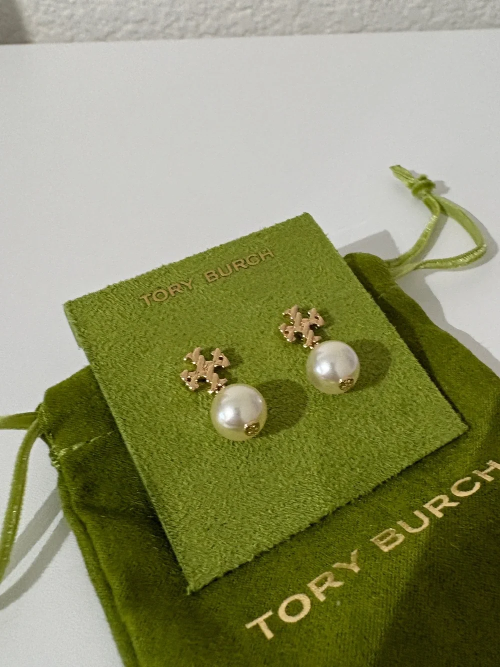 Tory Burch Gold and Pearl Logo Stud Earrings